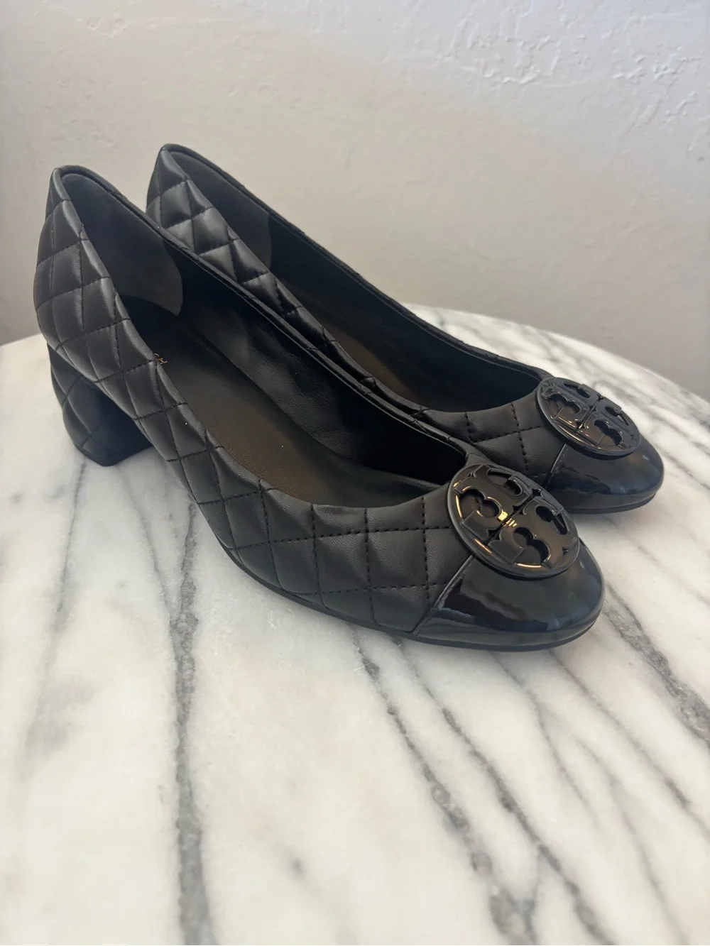 Tory Burch Quilted Black Patent Cap-Toe Block Heel Pump